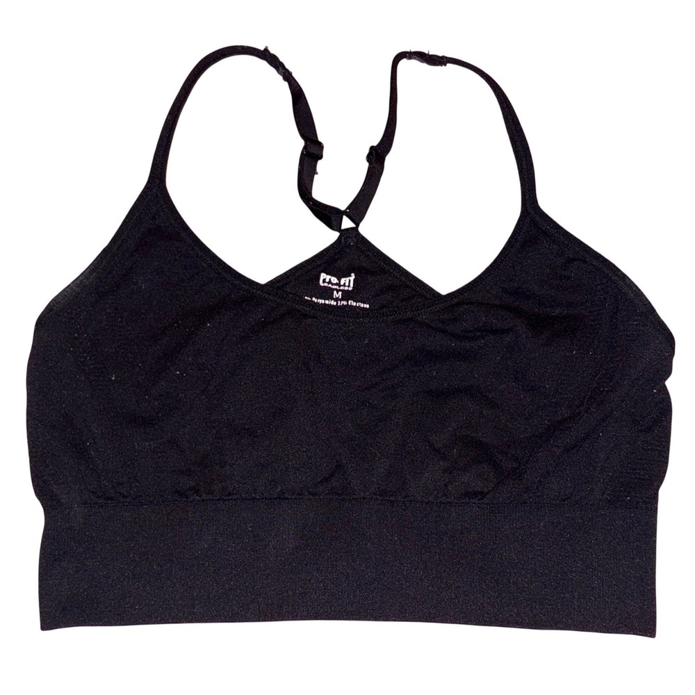 Pro Fit Women Black Seamless Sports‎ Bra Strappy Back Wireless Size M